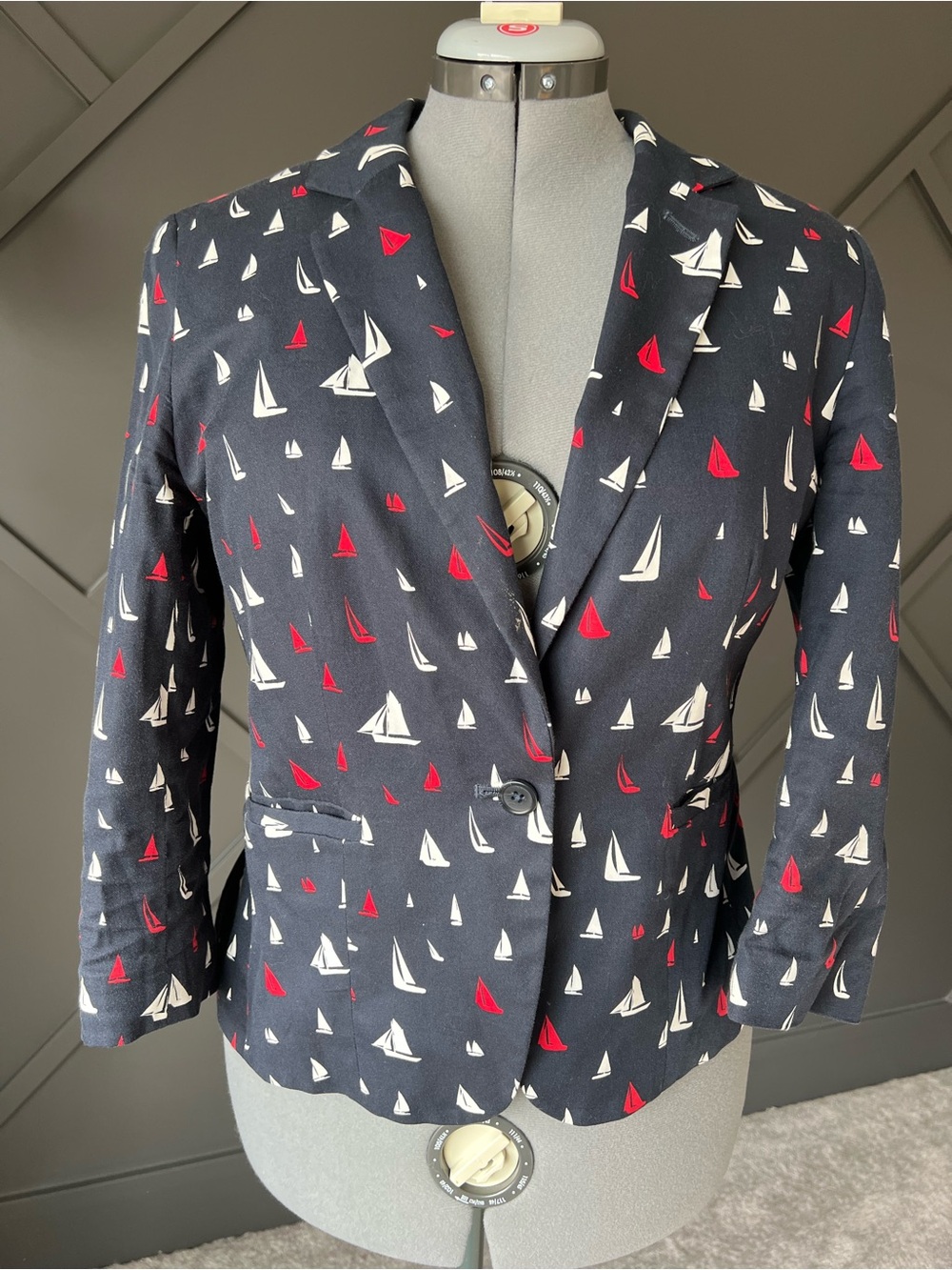 Banana Republic Navy Blazer with Red & White Sailboat Print